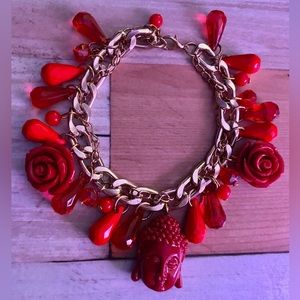 Buddha red rose good luck tear drop gold bracelet charm zen meditation yoga